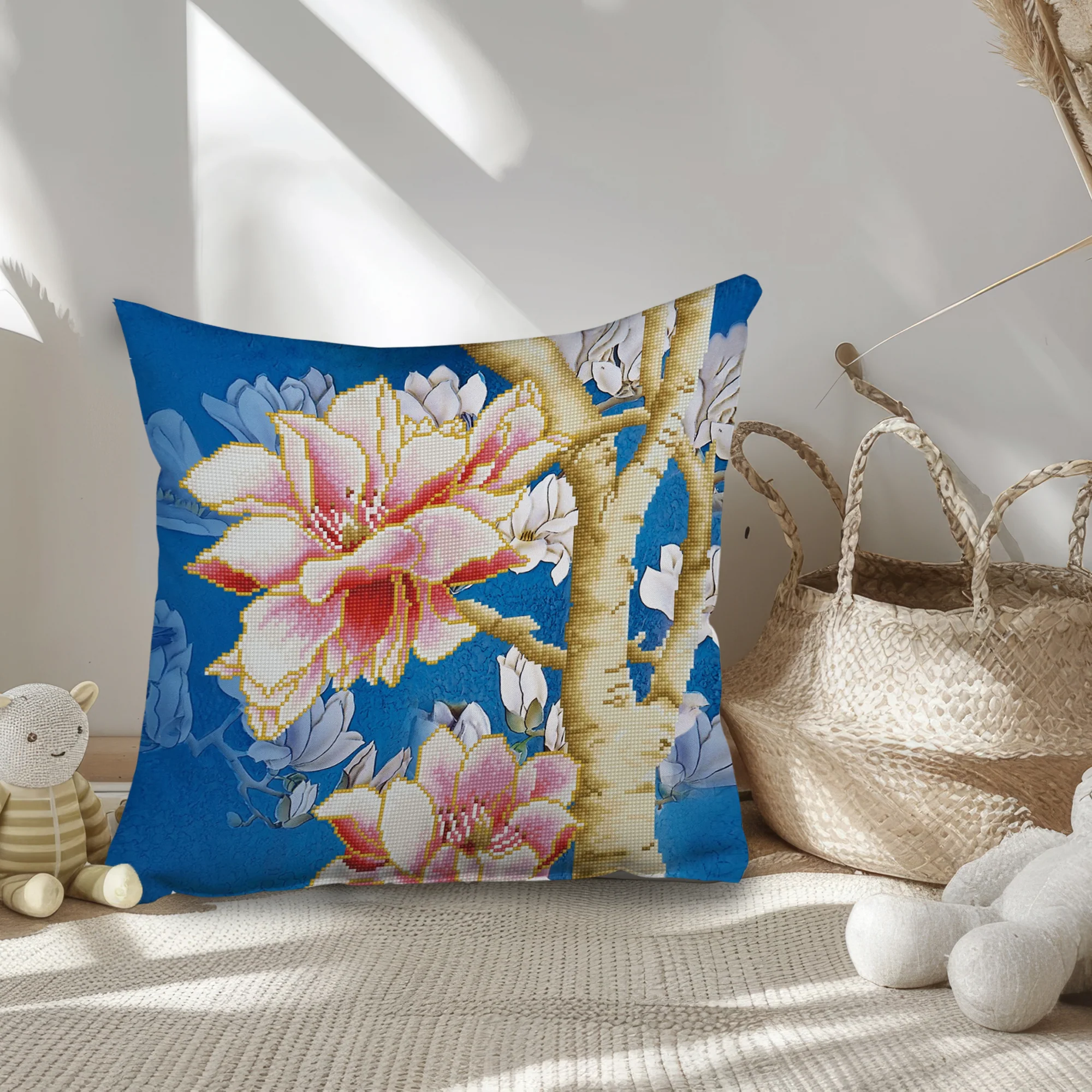 Diamond Dotz Magnolias on Blue 2 Pillow - 17.7" x 17.7" - Image 3