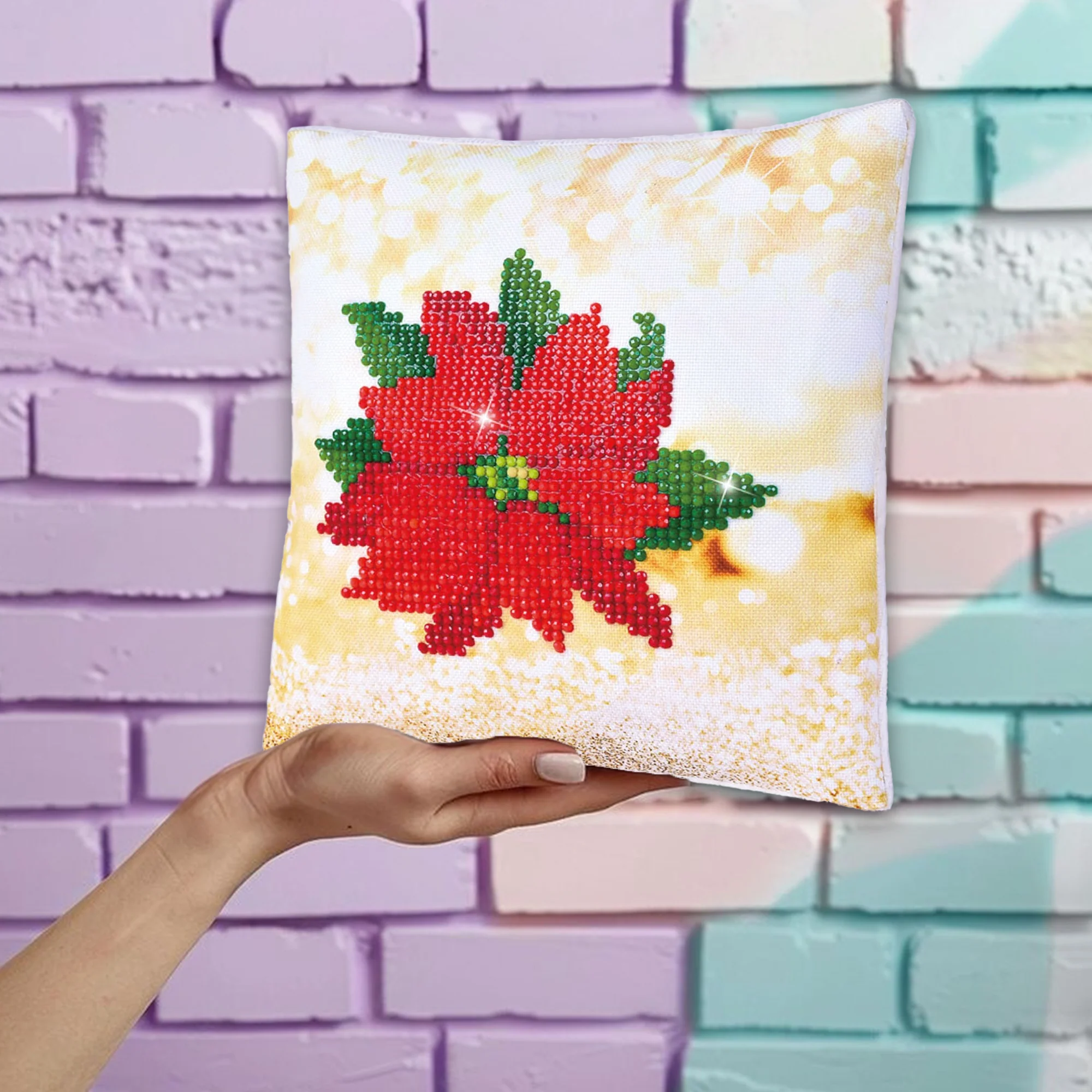 Diamond Dotz Pointsettia Pillow - 7.1" x 7.1" - Image 4