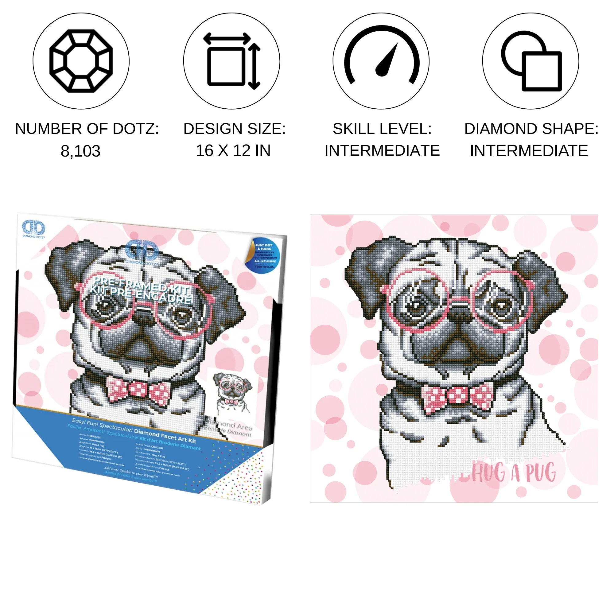 Diamond Dotz Hug A Pug with Frame - 13.8" x 13.8" - Image 4