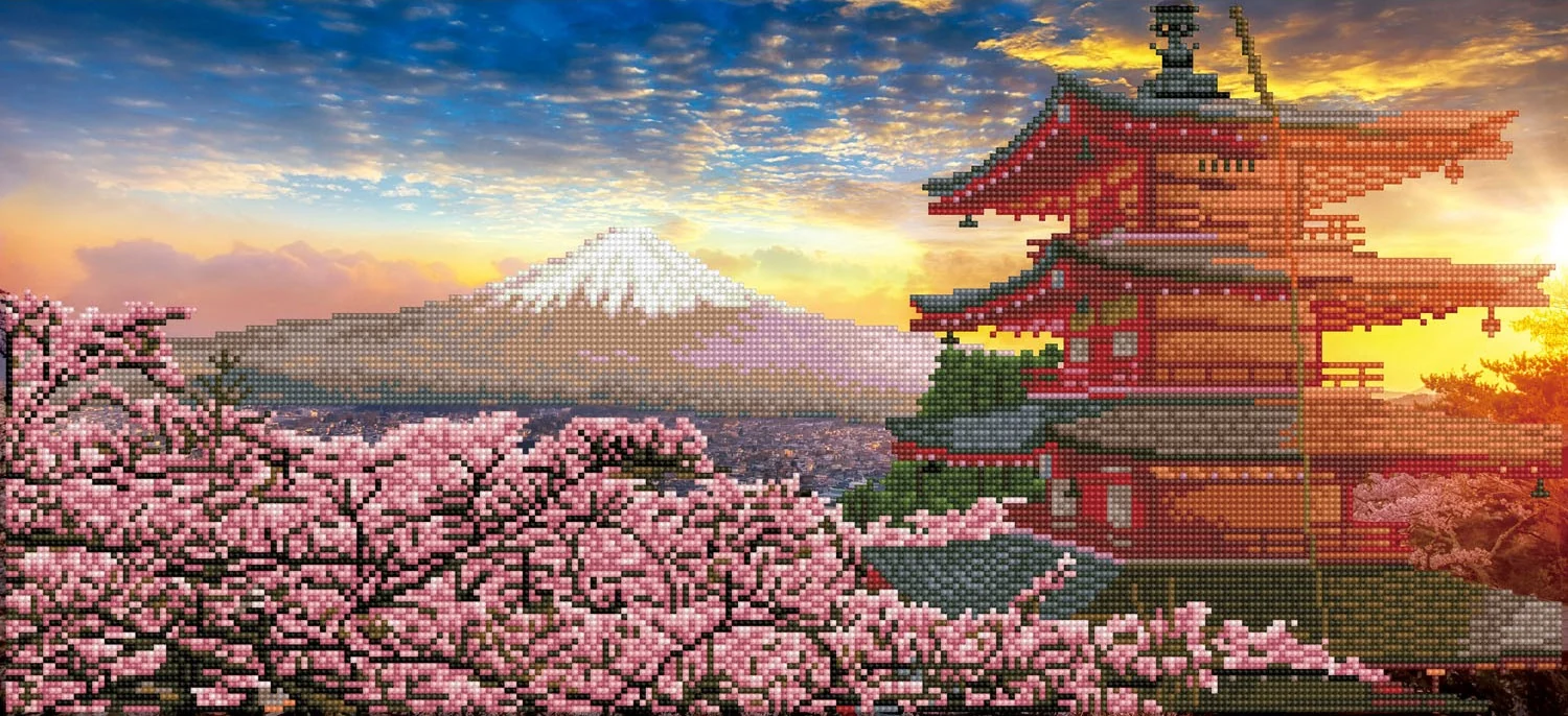 Diamond Dotz Mount Fuji and Chureito Pagoda at Sunset - 28.4" x 13.0" - Image 2